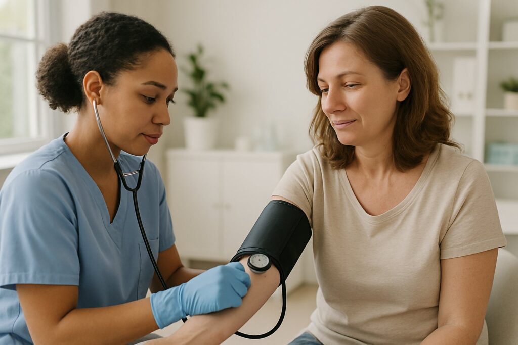 Nurse checking an adult's blood pressure in a clinic