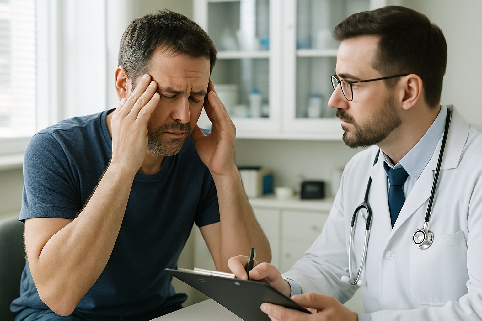 Tired adult rubbing their temples while talking with a doctor