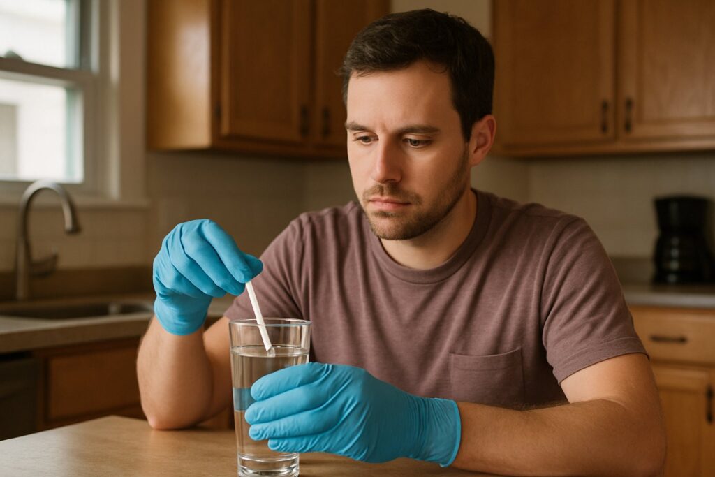A man dipping a test strip into a glass of tap water