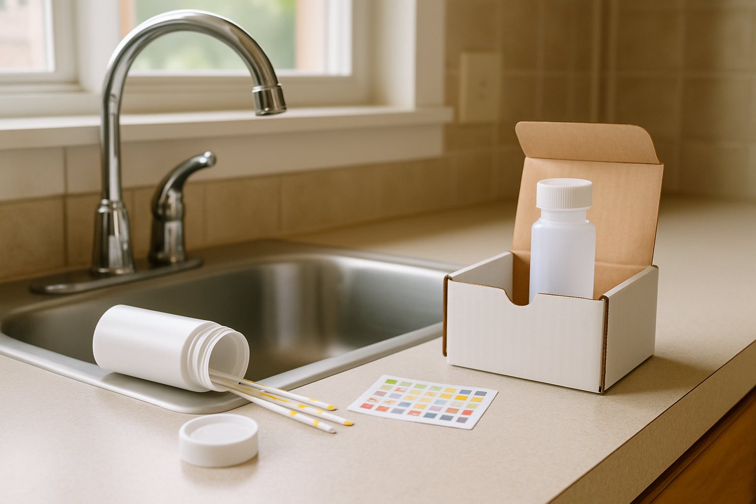 Water test strips and a lab sample kit next to a kitchen tap