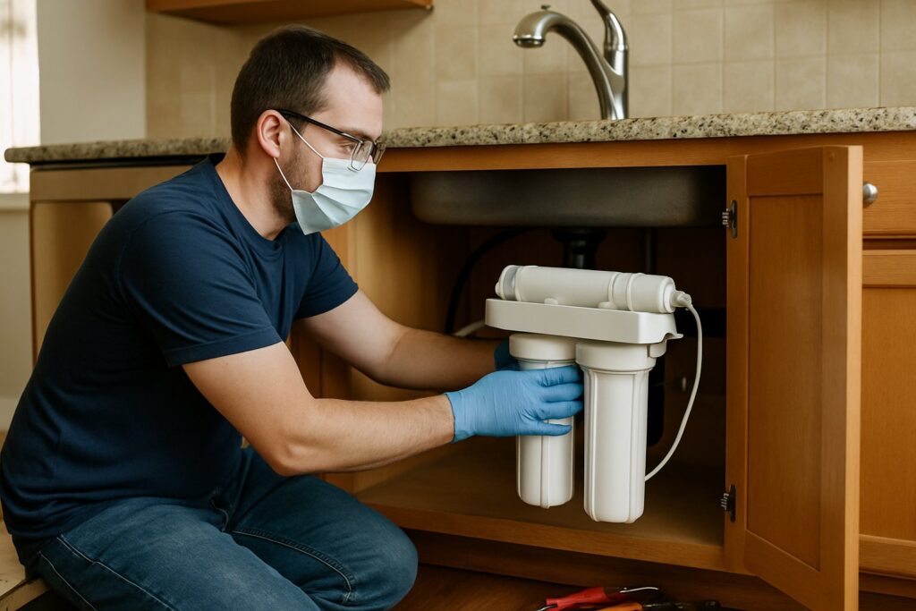 An under-sink filter being installed