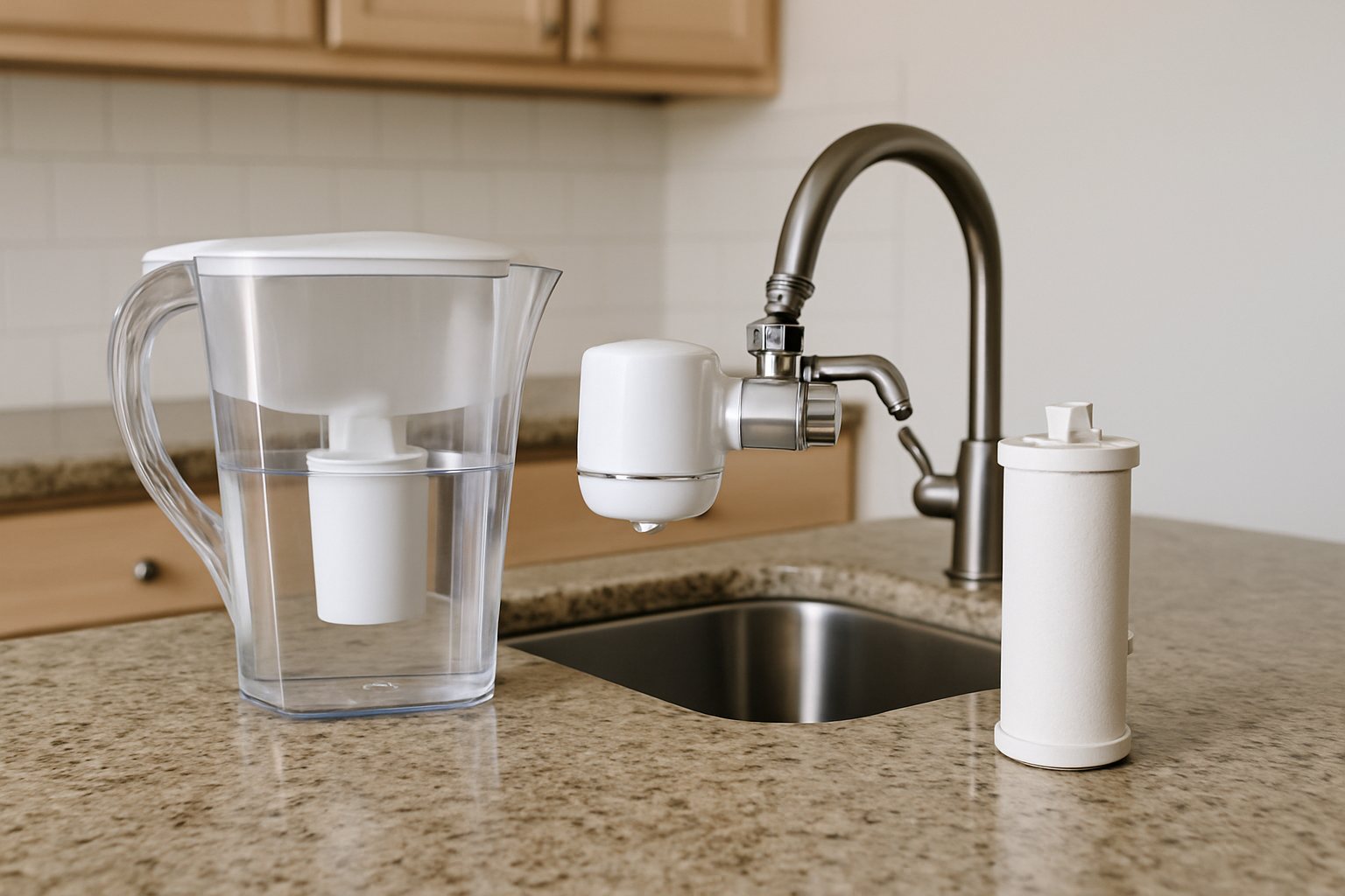 Different water filters for lead on a kitchen counter