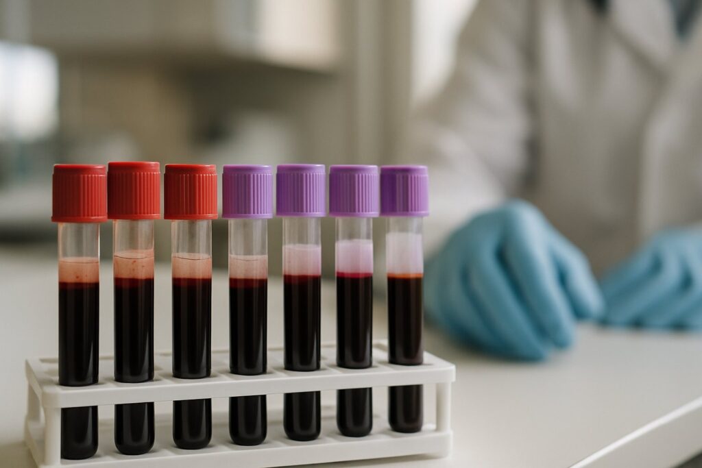 Blood sample tubes in a laboratory rack