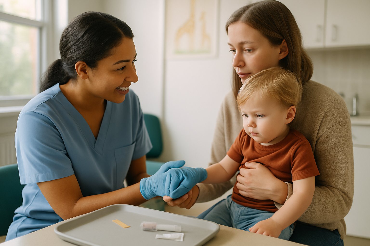 A nurse preparing a finger-stick blood test for a toddler with the parent present
