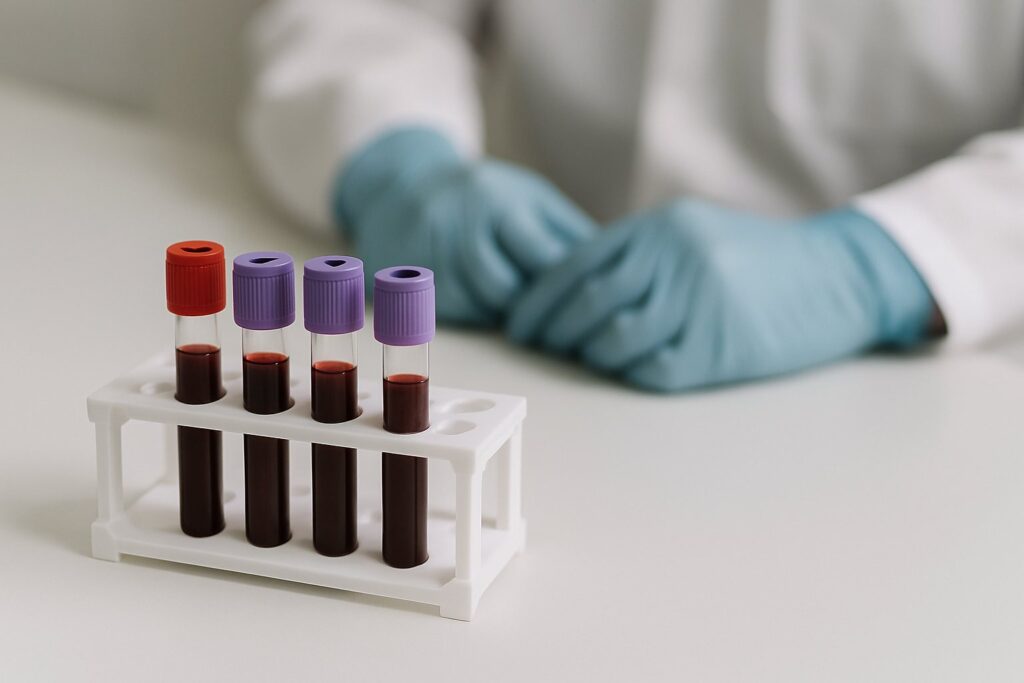 Small blood sample tubes in a rack on a clean laboratory bench