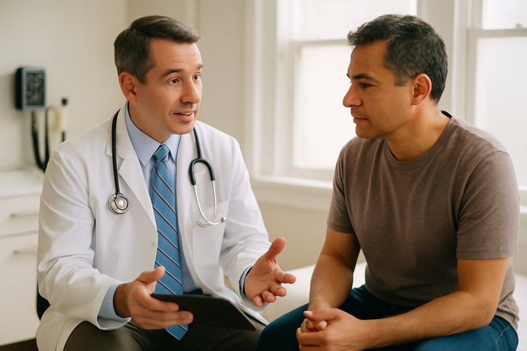Doctor explaining results to an adult patient in an exam room