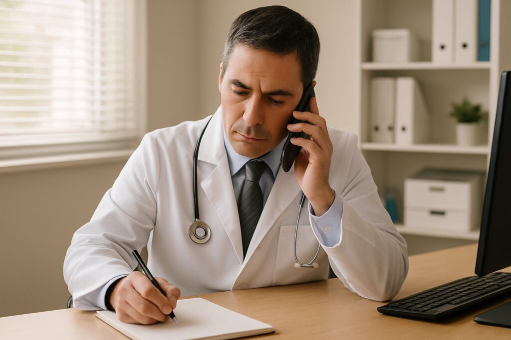 Doctor on a phone consultation at a desk in a clinic office