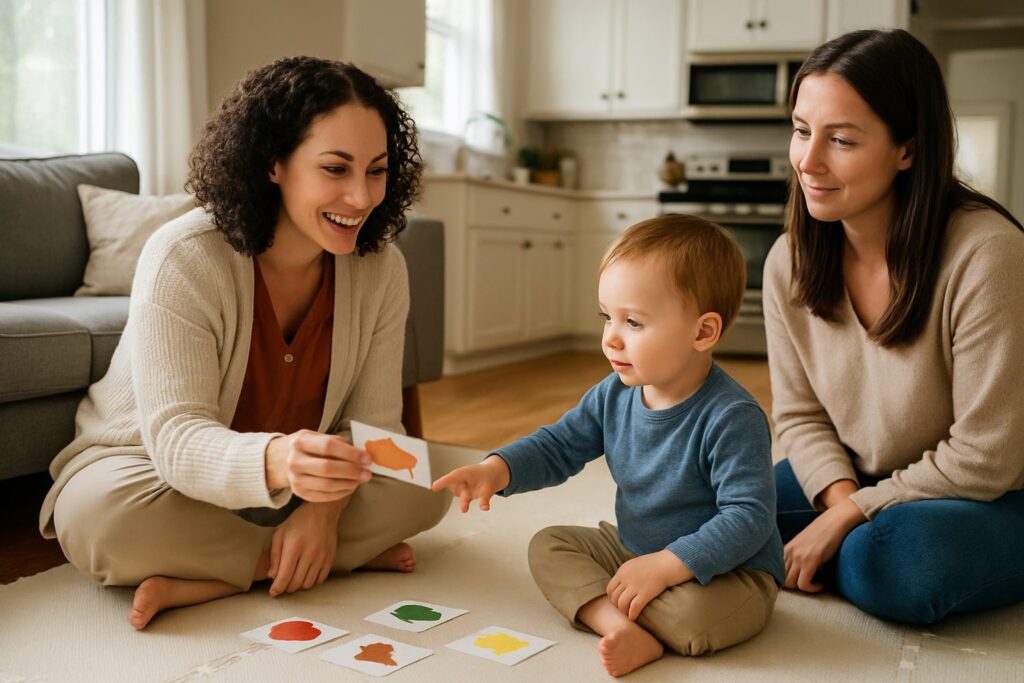 Early intervention specialist playing a learning game with a toddler and parent
