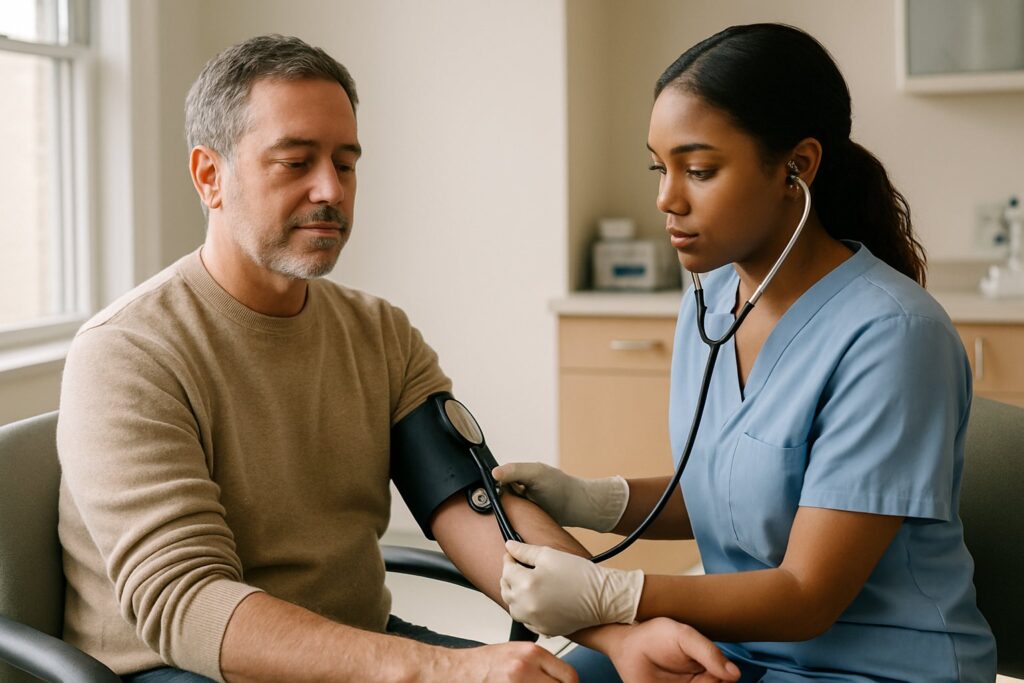 An adult having blood pressure checked by a nurse