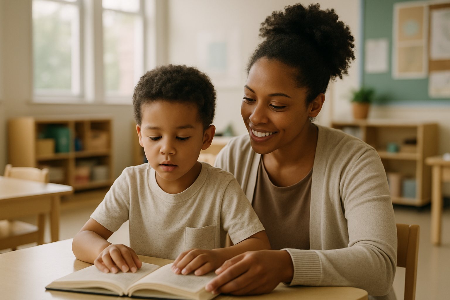 A child reading with a teacher in a classroom