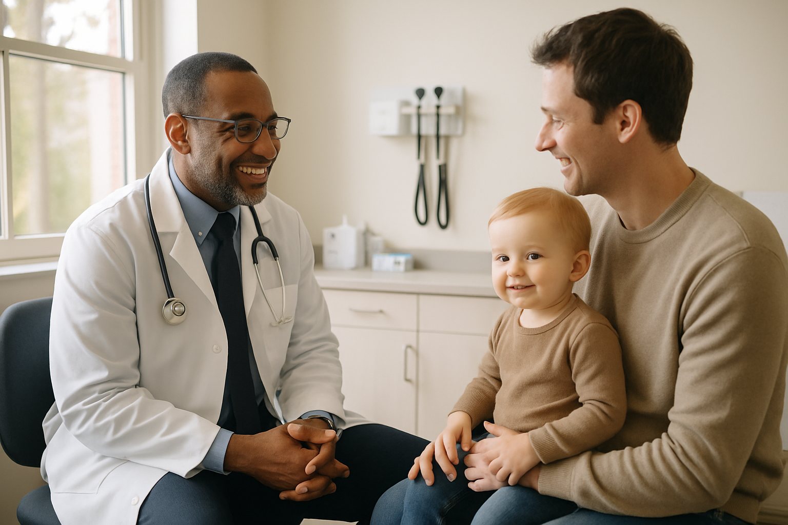 Parent and young child talking with a family doctor in a bright clinic room
