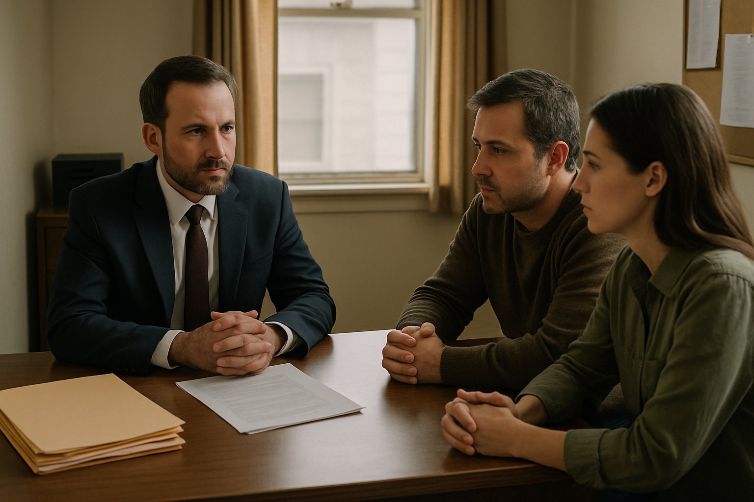 Parents meeting with a lawyer at a desk with folders of records