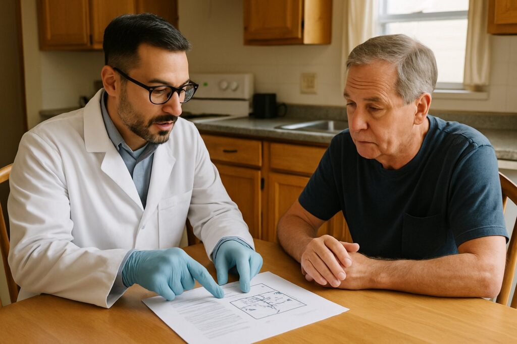 A risk assessor explaining a written report to a homeowner