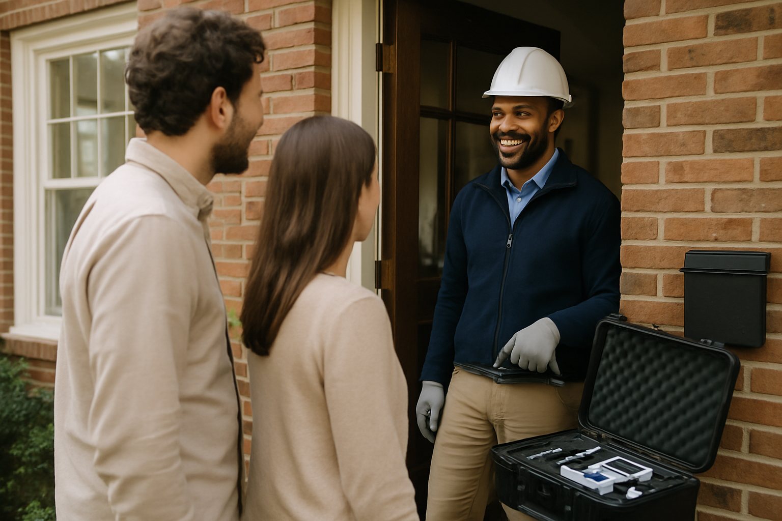 A lead inspector meeting homeowners at the front door of an older house