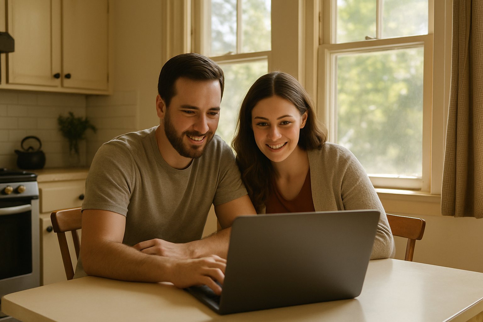 Couple at a kitchen table using a laptop to check their older home for lead