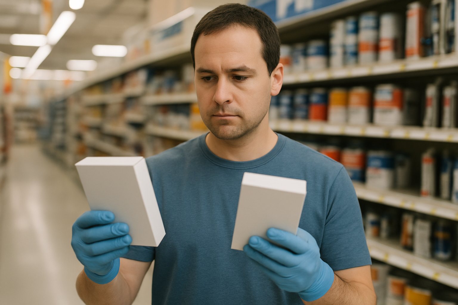 Shopper comparing two small test kit boxes in a hardware store aisle