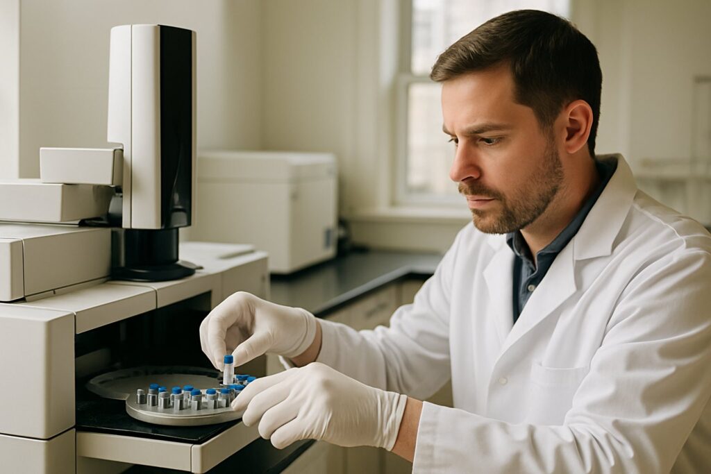 A lab technician analyzing samples