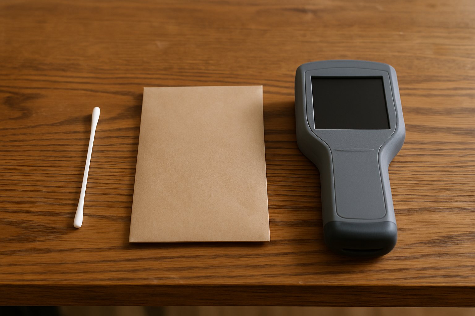 A home test swab, a lab sample envelope and a professional analyzer side by side