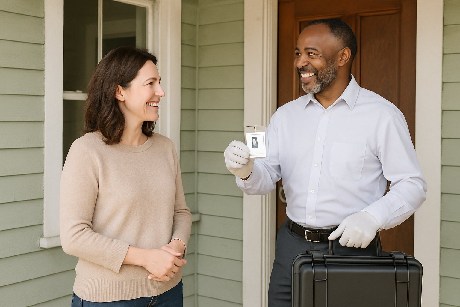 A homeowner interviewing a lead inspector at the door