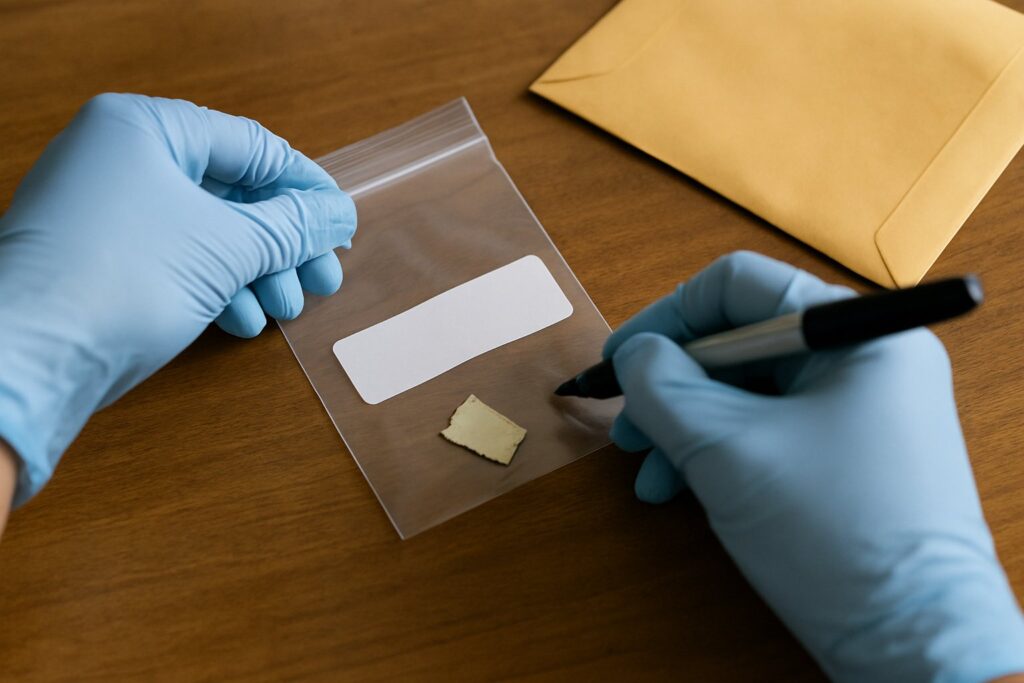 A paint chip sample bag being labeled for a lab