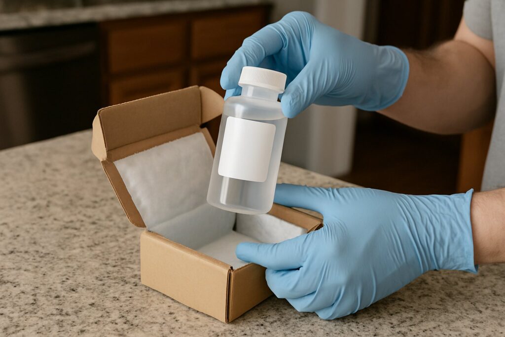 A water sample bottle packed into a mailing box