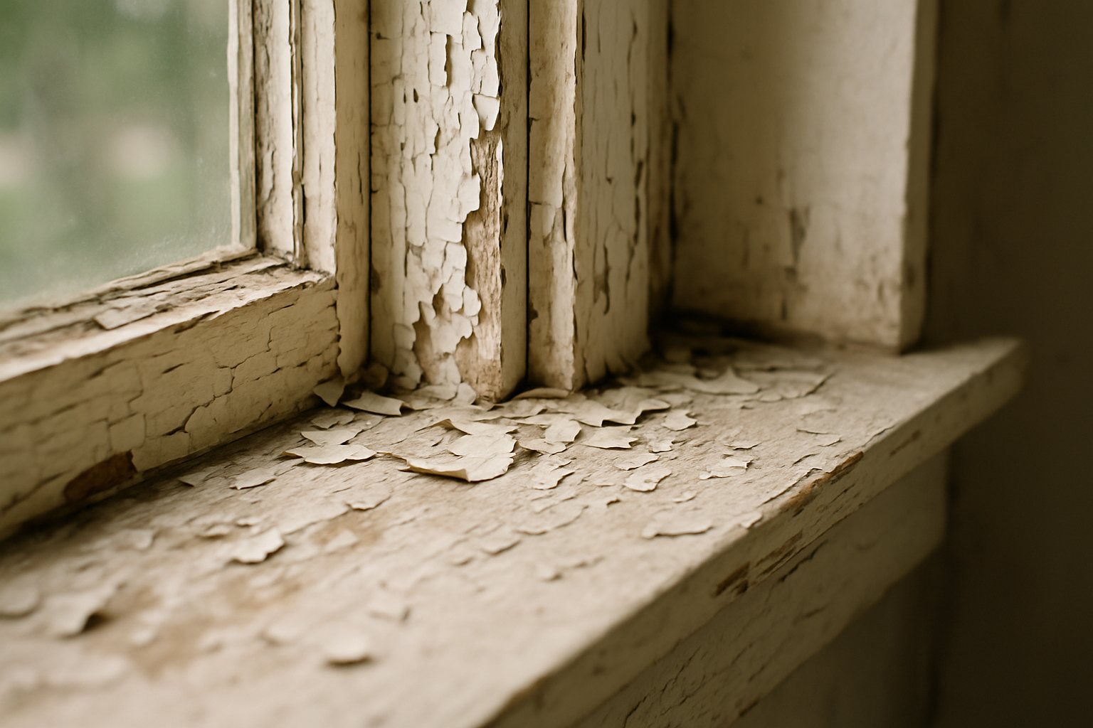 Peeling old paint on a window frame