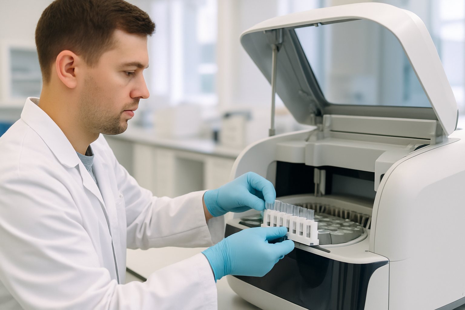 Lab technician in gloves loading samples into a laboratory analyzer