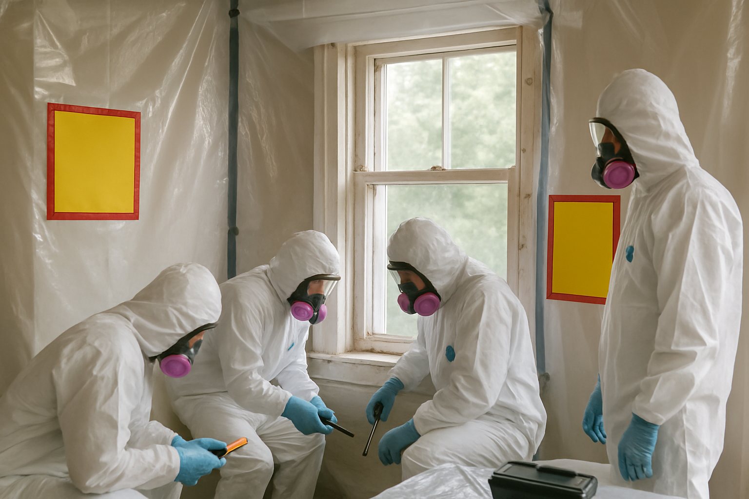 An abatement crew working behind containment in an older home