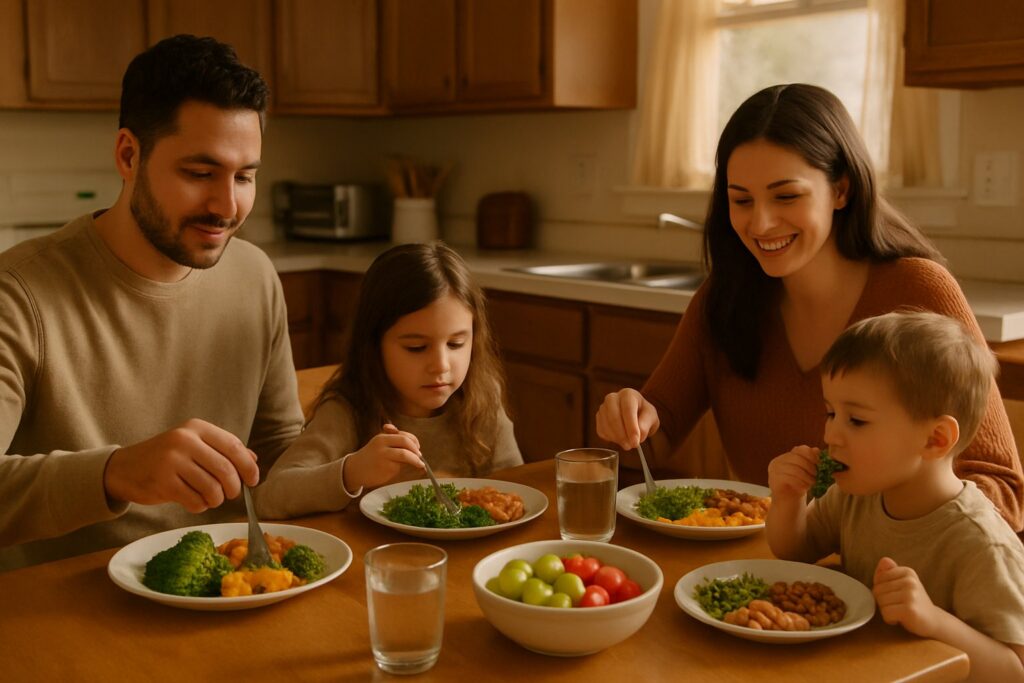A family eating a healthy meal together