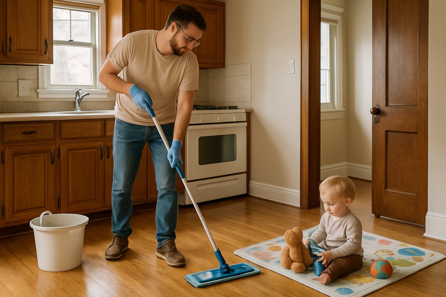 A parent wet-mopping the floor while a toddler plays nearby