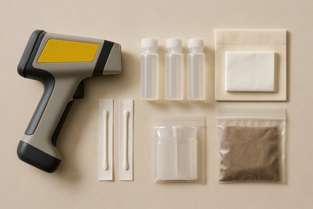 Different lead testing tools laid out on a table