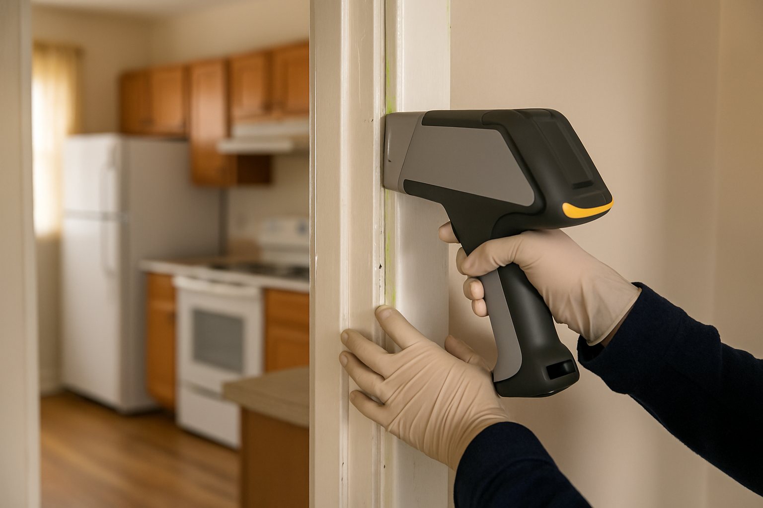 An inspector holding a handheld lead paint analyzer