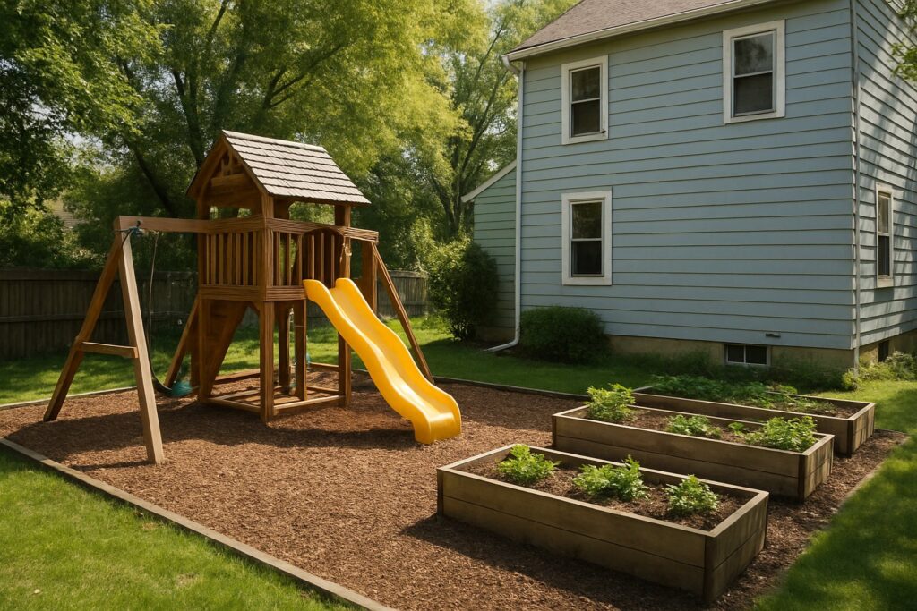 A child-safe backyard play area with a garden bed beside an older house