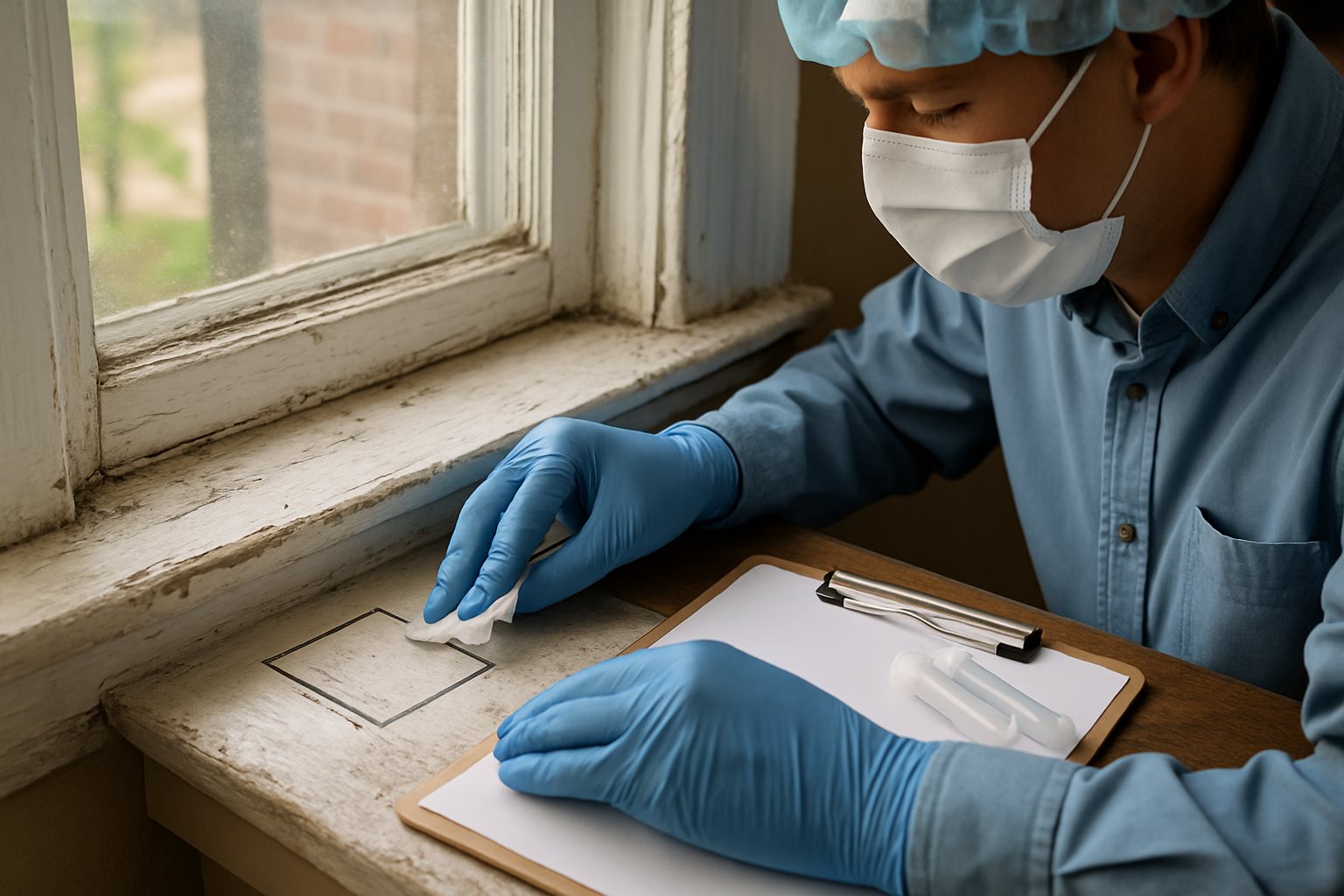 A professional taking a dust-wipe sample from a window sill