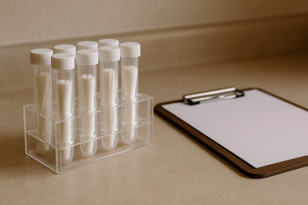 Dust wipe sample tubes ready for a lab