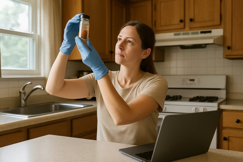 A woman checking a spice jar at her kitchen counter