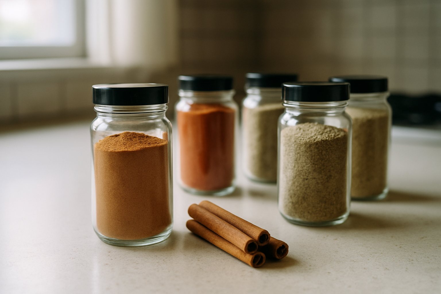 Jars of ground cinnamon and spices on a kitchen counter