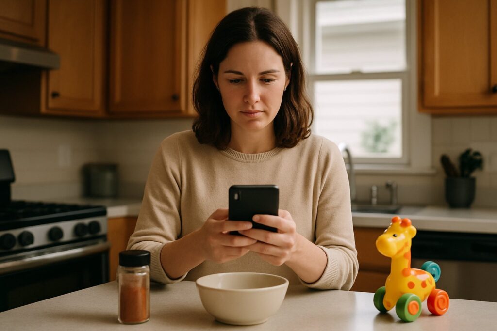 A woman checking a product recall list on her phone next to kitchen items