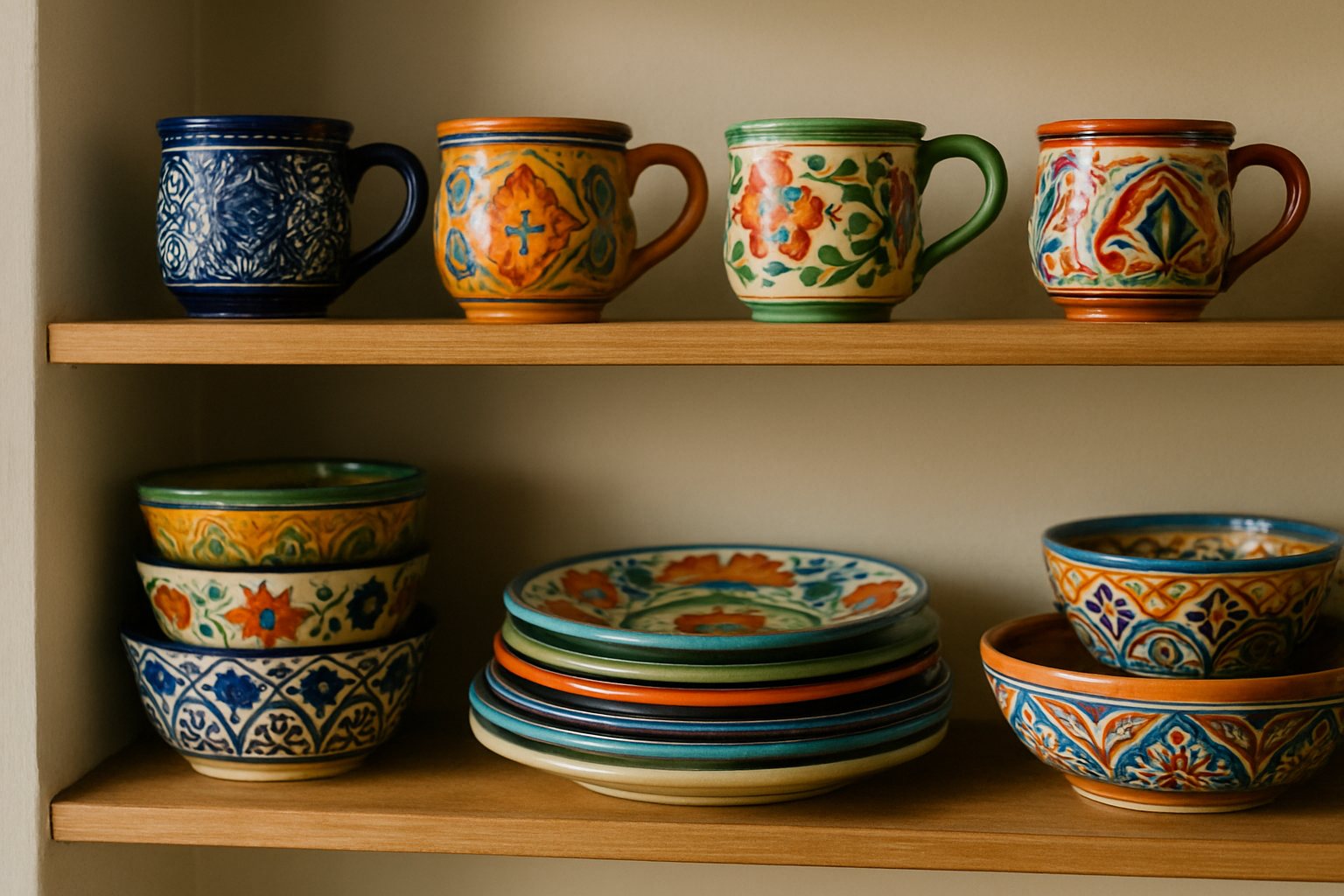 Glazed pottery and ceramic dishes on a kitchen shelf