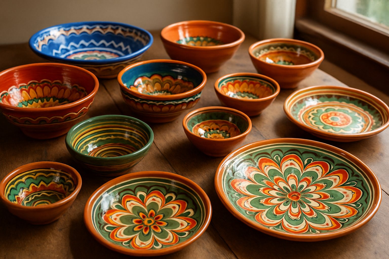 Handmade glazed pottery bowls and plates