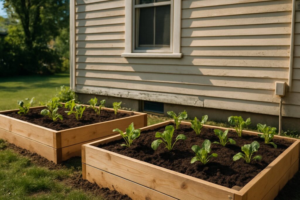 Raised garden beds with fresh soil next to an older house