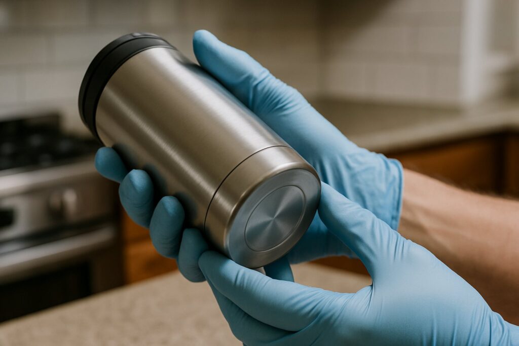 A person inspecting the base of a tumbler