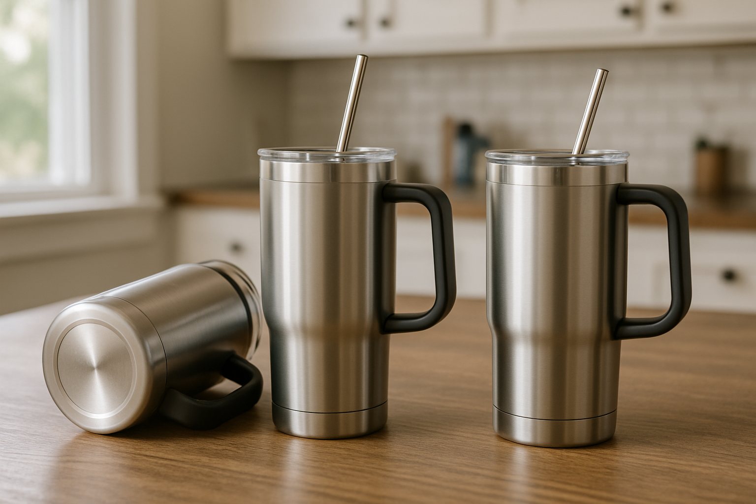 Insulated stainless steel tumblers on a table