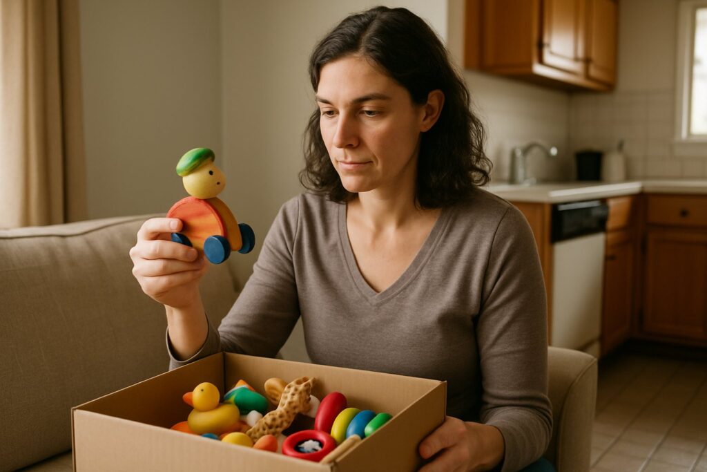 A parent sorting a box of children's toys on the sofa