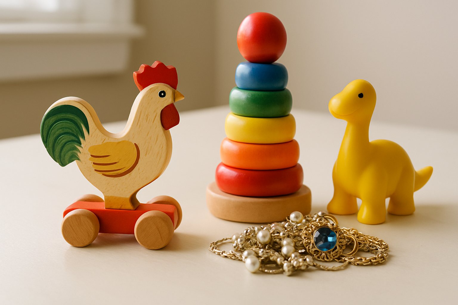 Children's toys and costume jewelry on a table
