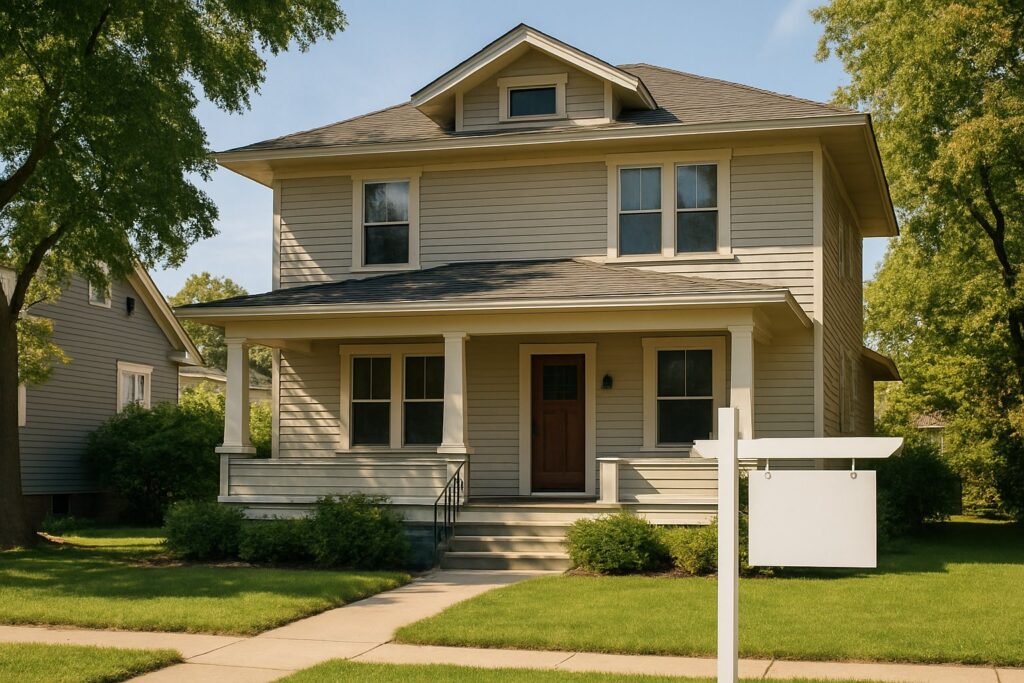 An older home exterior with a For Sale sign