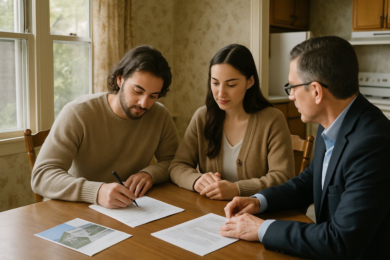 A couple signing home purchase papers with a real estate agent