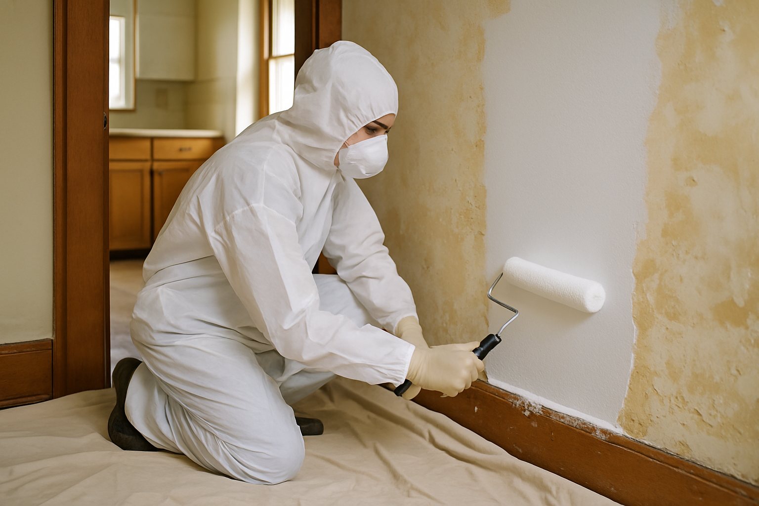 A painter applying a thick encapsulant coating to an old wall
