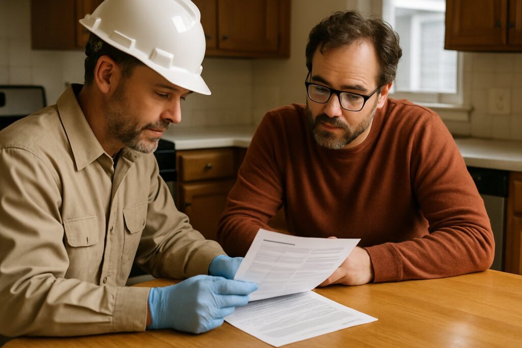 An inspector reviewing a report with a homeowner