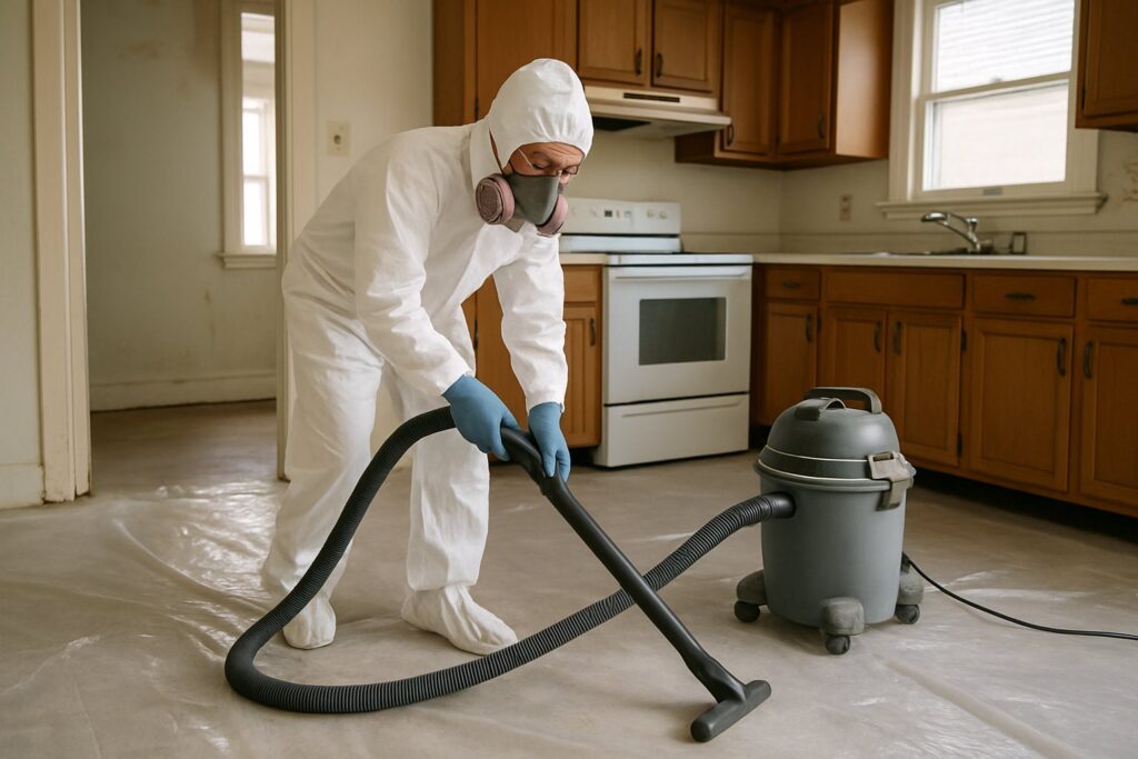 A worker vacuuming a plastic-covered floor after paint removal